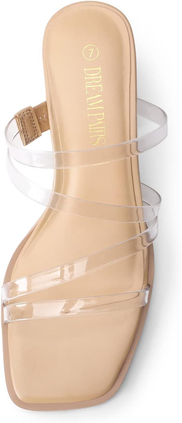 imageDREAM PAIRS Womens Strappy Heels Block Open Toe Low Heel Chunky Mules Sandals Dress ShoesNudeClear