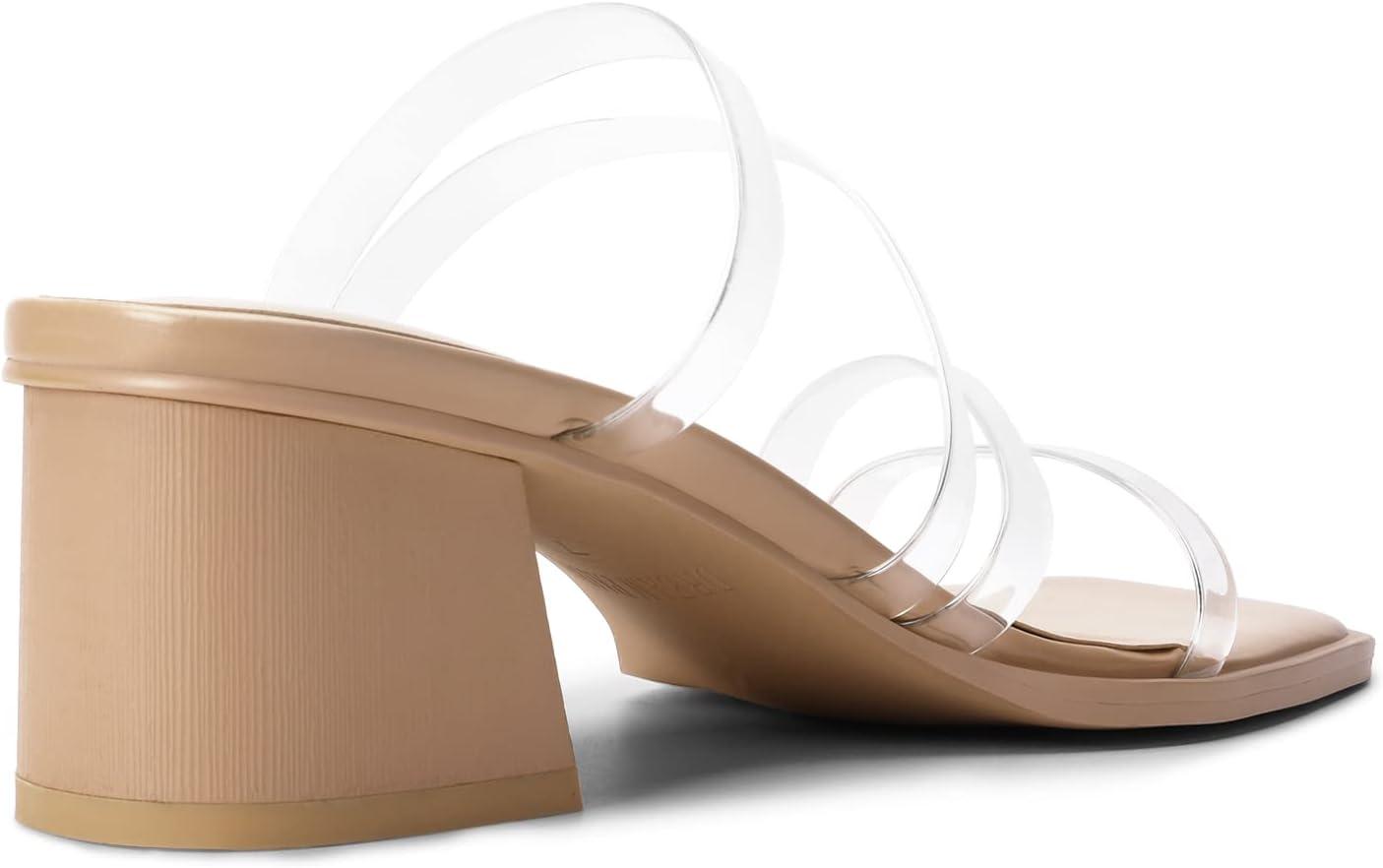 imageDREAM PAIRS Womens Strappy Heels Block Open Toe Low Heel Chunky Mules Sandals Dress ShoesNudeClear