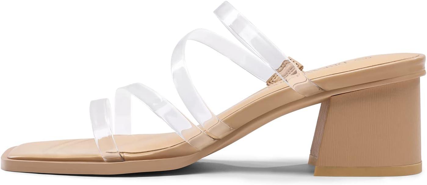 imageDREAM PAIRS Womens Strappy Heels Block Open Toe Low Heel Chunky Mules Sandals Dress ShoesNudeClear