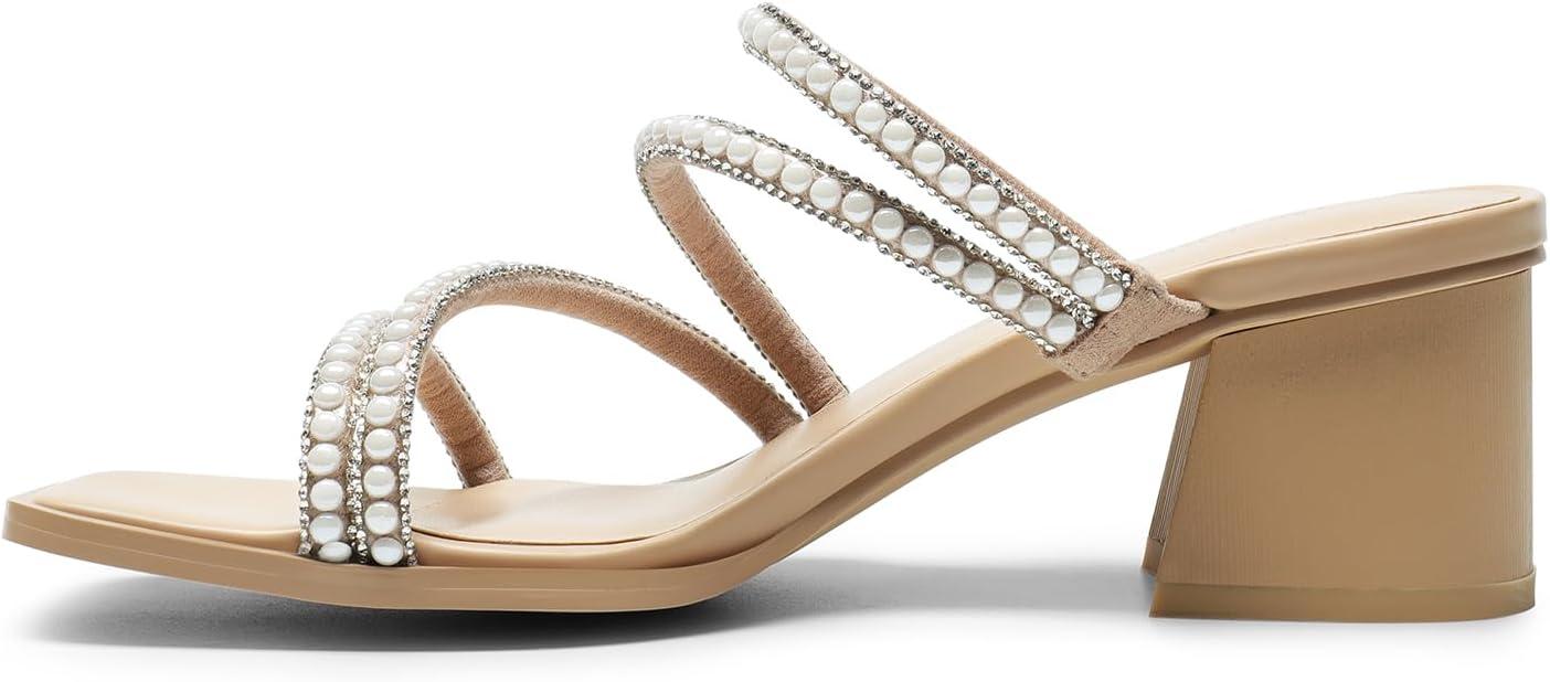 imageDREAM PAIRS Womens Strappy Heels Block Open Toe Low Heel Chunky Mules Sandals Dress ShoesNudepearl
