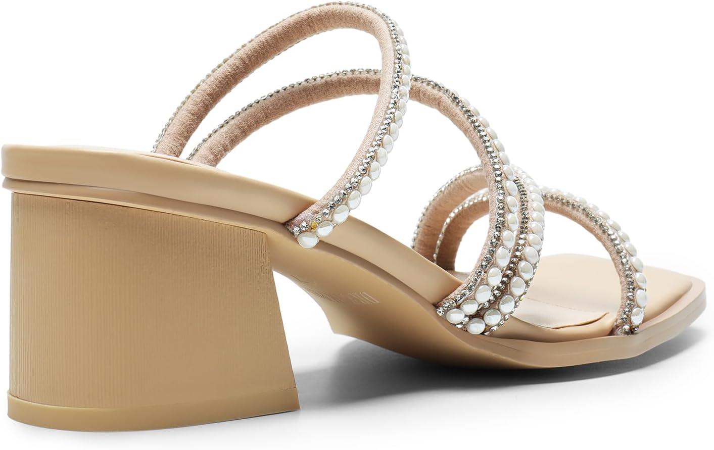 imageDREAM PAIRS Womens Strappy Heels Block Open Toe Low Heel Chunky Mules Sandals Dress ShoesNudepearl