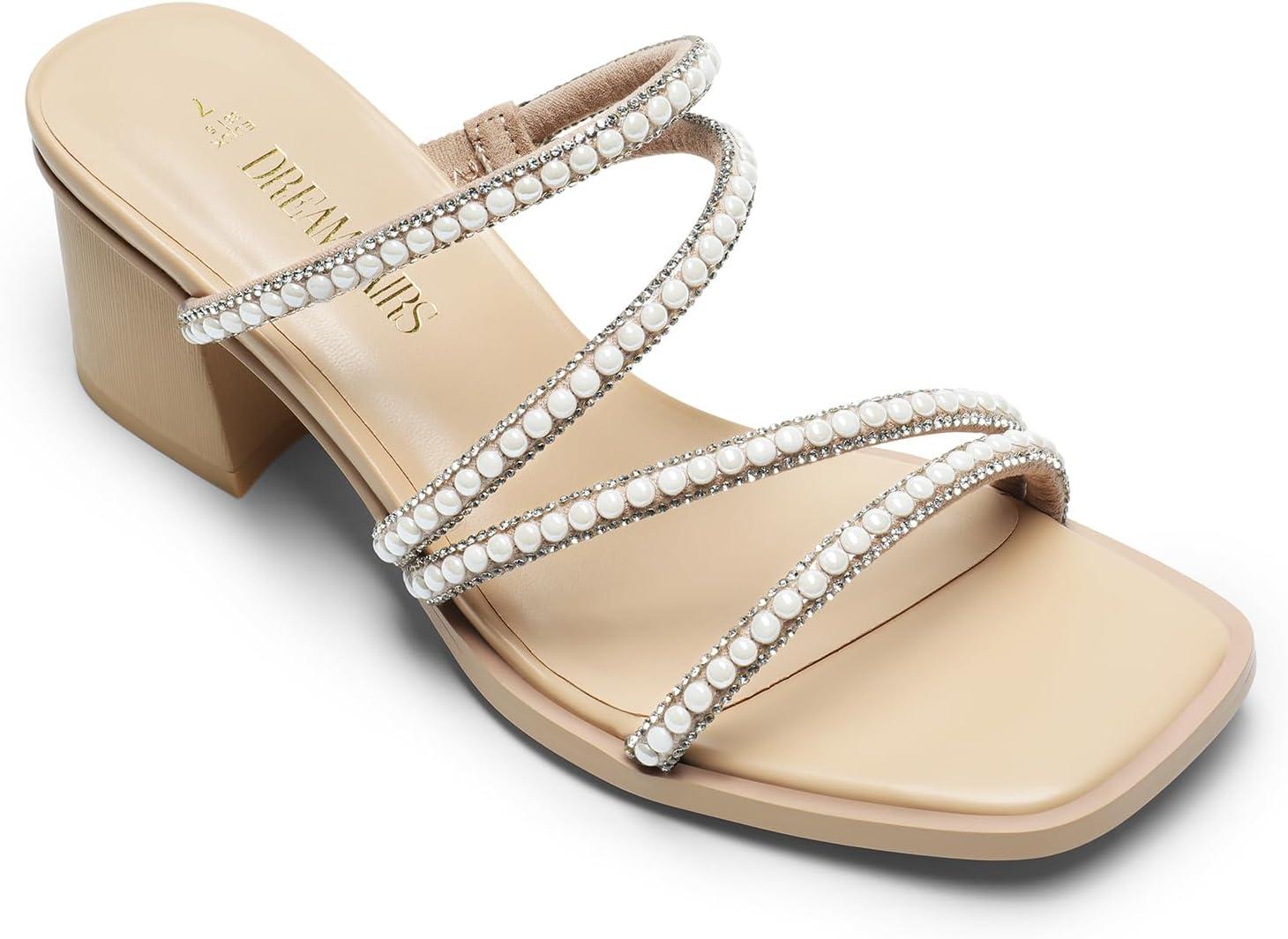 imageDREAM PAIRS Womens Strappy Heels Block Open Toe Low Heel Chunky Mules Sandals Dress ShoesNudepearl