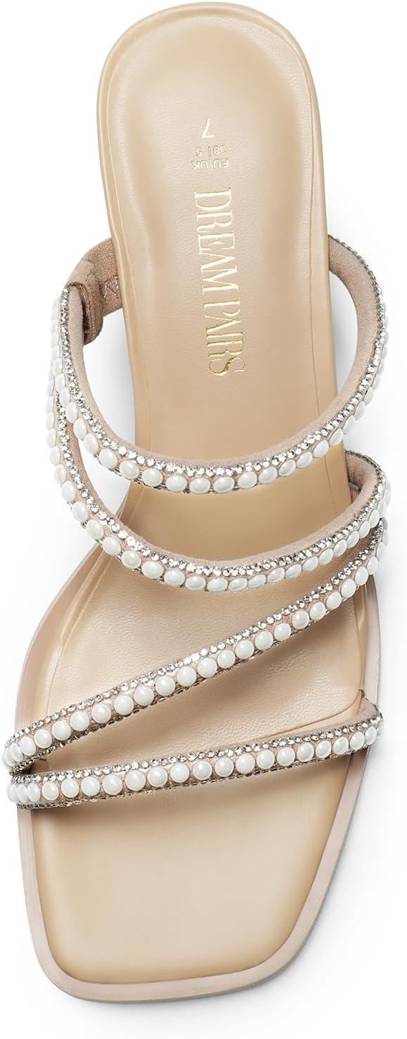 imageDREAM PAIRS Womens Strappy Heels Block Open Toe Low Heel Chunky Mules Sandals Dress ShoesNudepearl