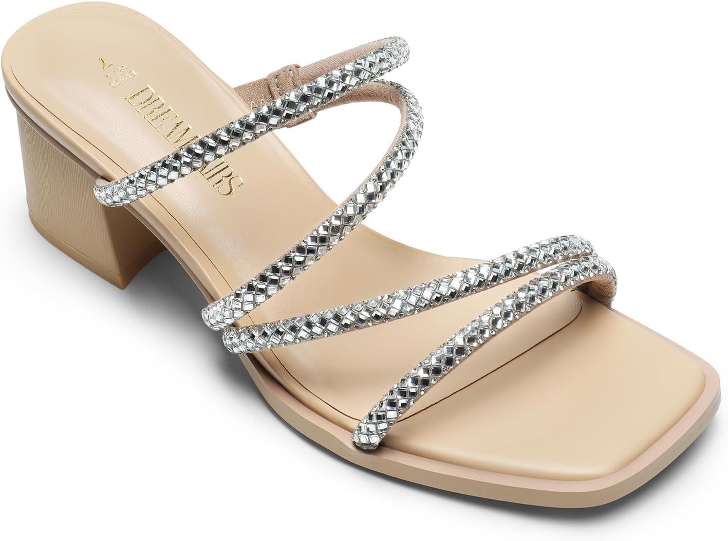 imageDREAM PAIRS Womens Strappy Heels Block Open Toe Low Heel Chunky Mules Sandals Dress ShoesNuderhinestone