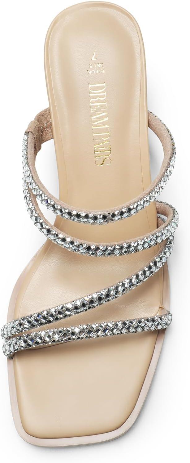 imageDREAM PAIRS Womens Strappy Heels Block Open Toe Low Heel Chunky Mules Sandals Dress ShoesNuderhinestone