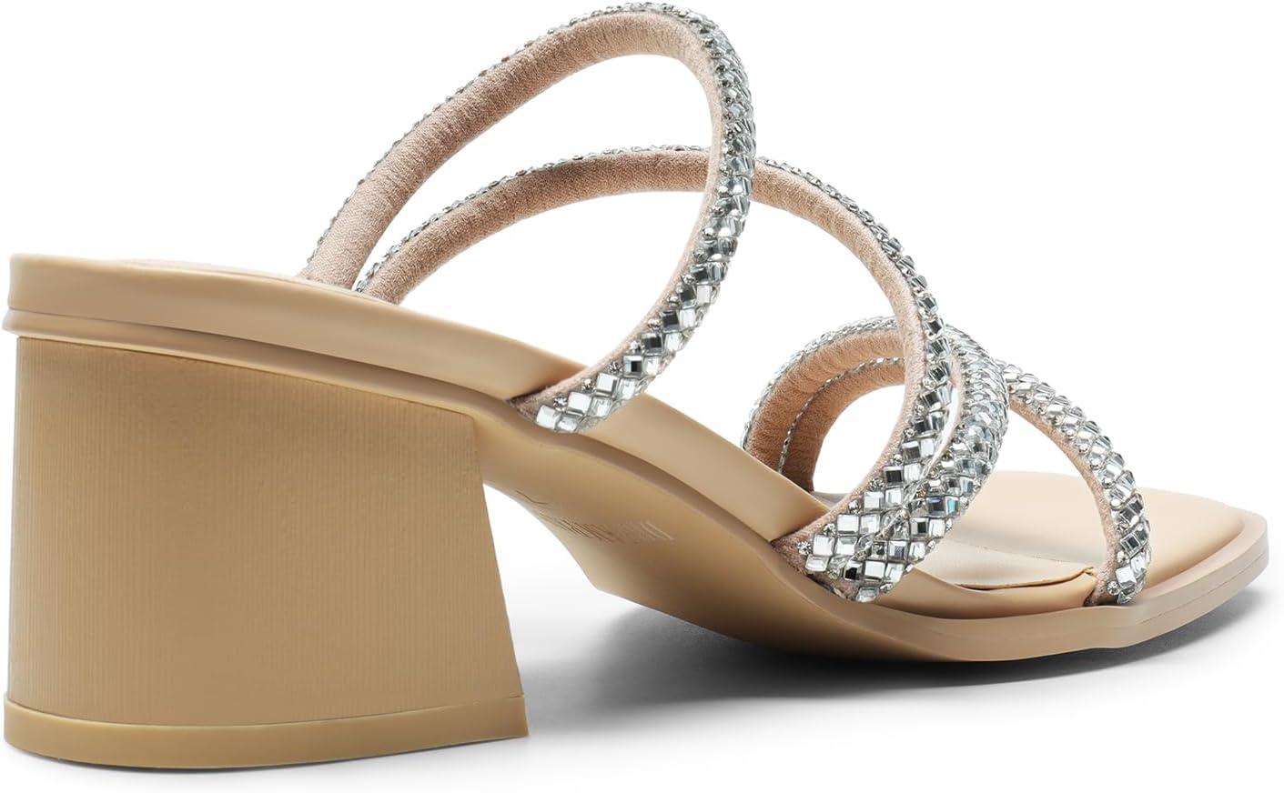 imageDREAM PAIRS Womens Strappy Heels Block Open Toe Low Heel Chunky Mules Sandals Dress ShoesNuderhinestone
