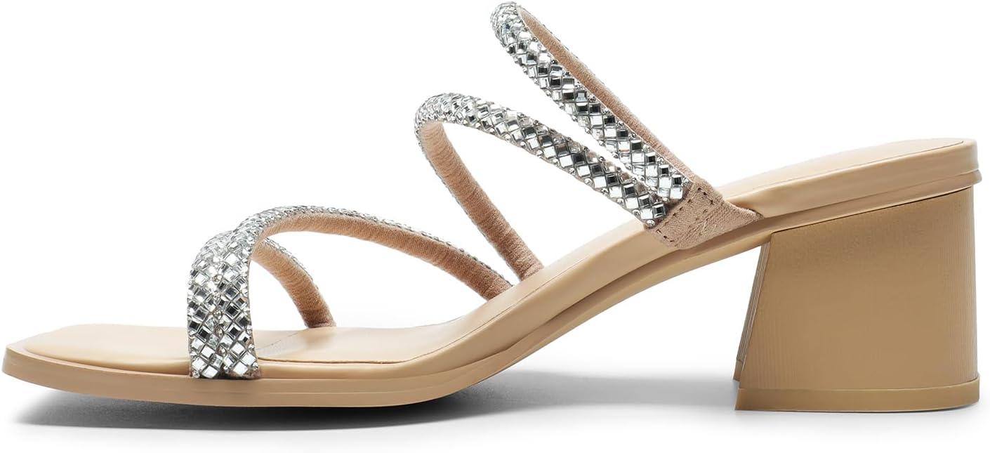 imageDREAM PAIRS Womens Strappy Heels Block Open Toe Low Heel Chunky Mules Sandals Dress ShoesNuderhinestone