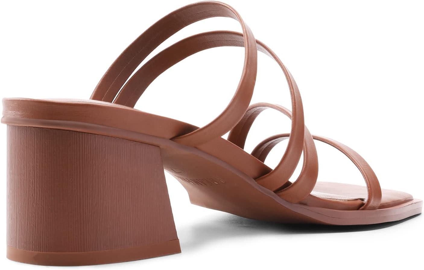 imageDREAM PAIRS Womens Strappy Heels Block Open Toe Low Heel Chunky Mules Sandals Dress ShoesTan