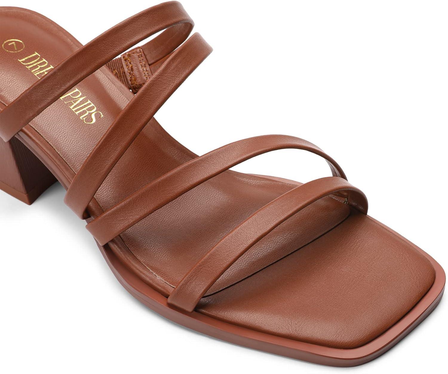 imageDREAM PAIRS Womens Strappy Heels Block Open Toe Low Heel Chunky Mules Sandals Dress ShoesTan