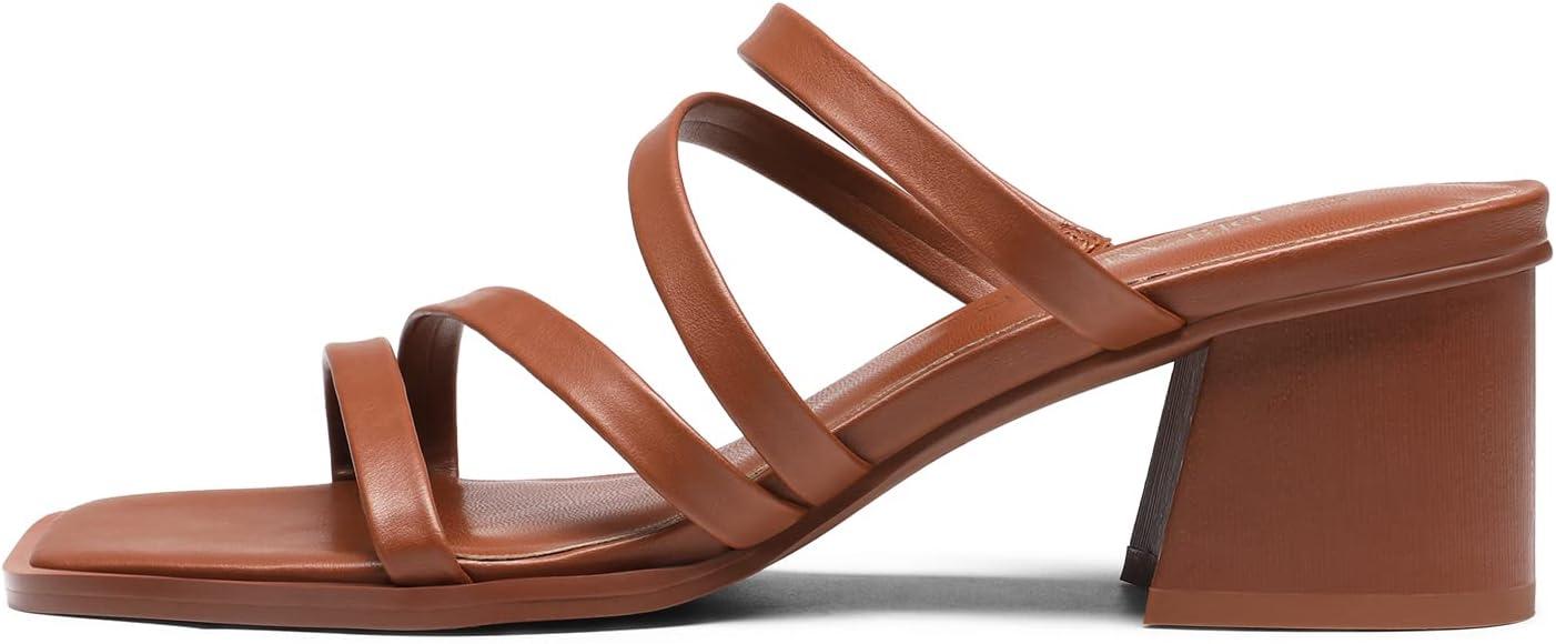 imageDREAM PAIRS Womens Strappy Heels Block Open Toe Low Heel Chunky Mules Sandals Dress ShoesTan