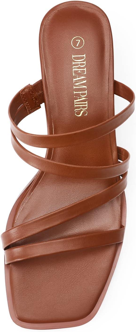 imageDREAM PAIRS Womens Strappy Heels Block Open Toe Low Heel Chunky Mules Sandals Dress ShoesTan