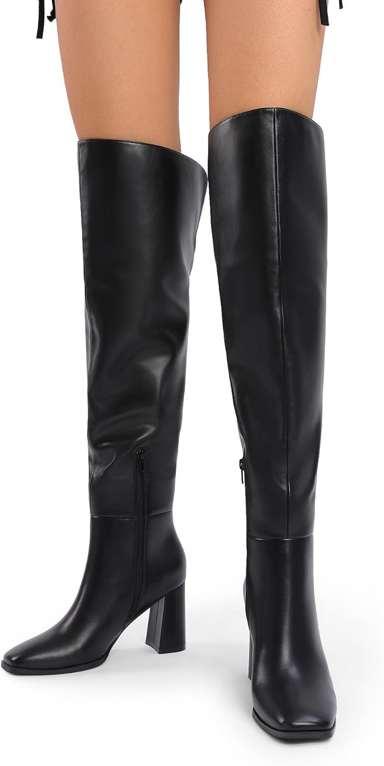 imageDREAM PAIRS Womens Tall Over the Knee Boots Thigh High Fall Block Chunky Heeled Knee High Long Boots with Fashion Square Toe and Side ZipperBlack
