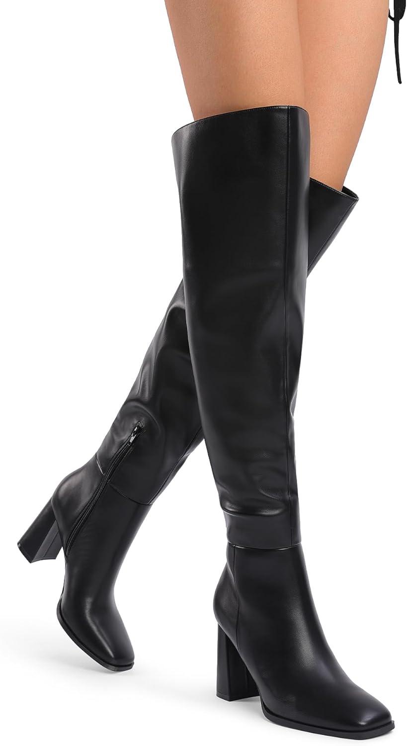 imageDREAM PAIRS Womens Tall Over the Knee Boots Thigh High Fall Block Chunky Heeled Knee High Long Boots with Fashion Square Toe and Side ZipperBlack
