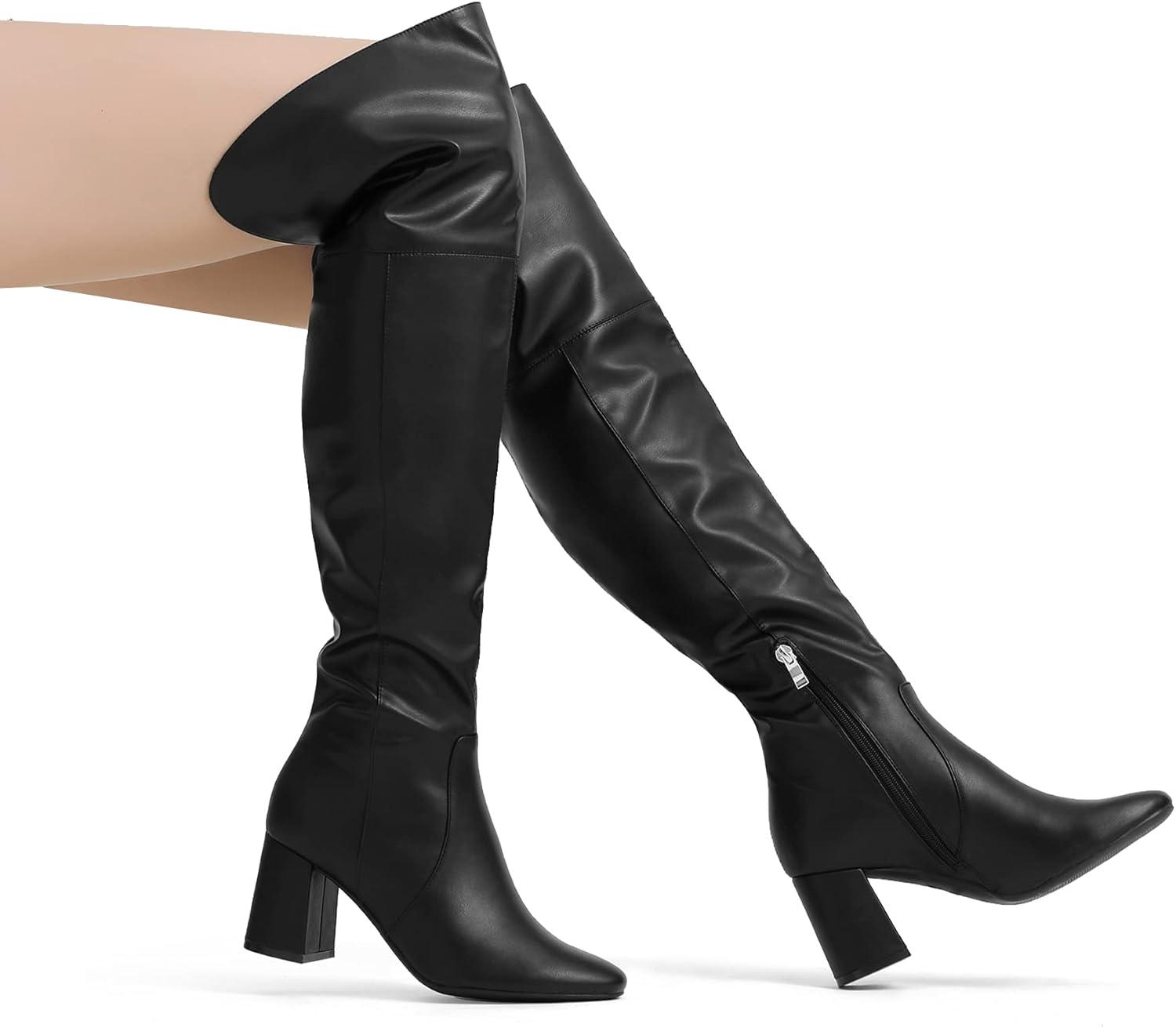 imageDREAM PAIRS Womens Thigh High Over the Knee Fashion Chunky Heel Long BootsBlackPu