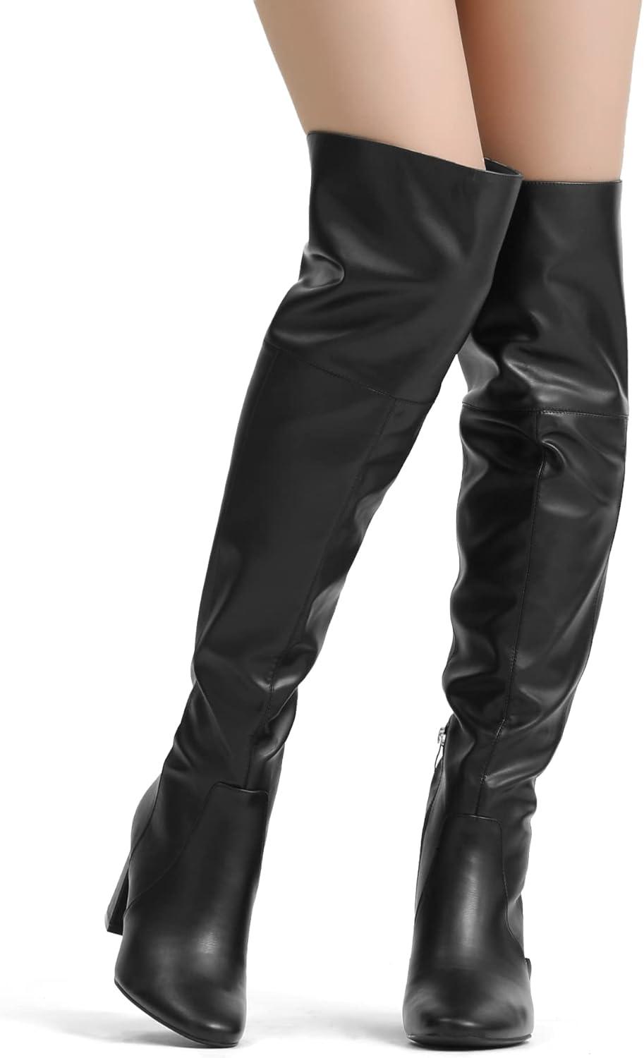 imageDREAM PAIRS Womens Thigh High Over the Knee Fashion Chunky Heel Long BootsBlackPu