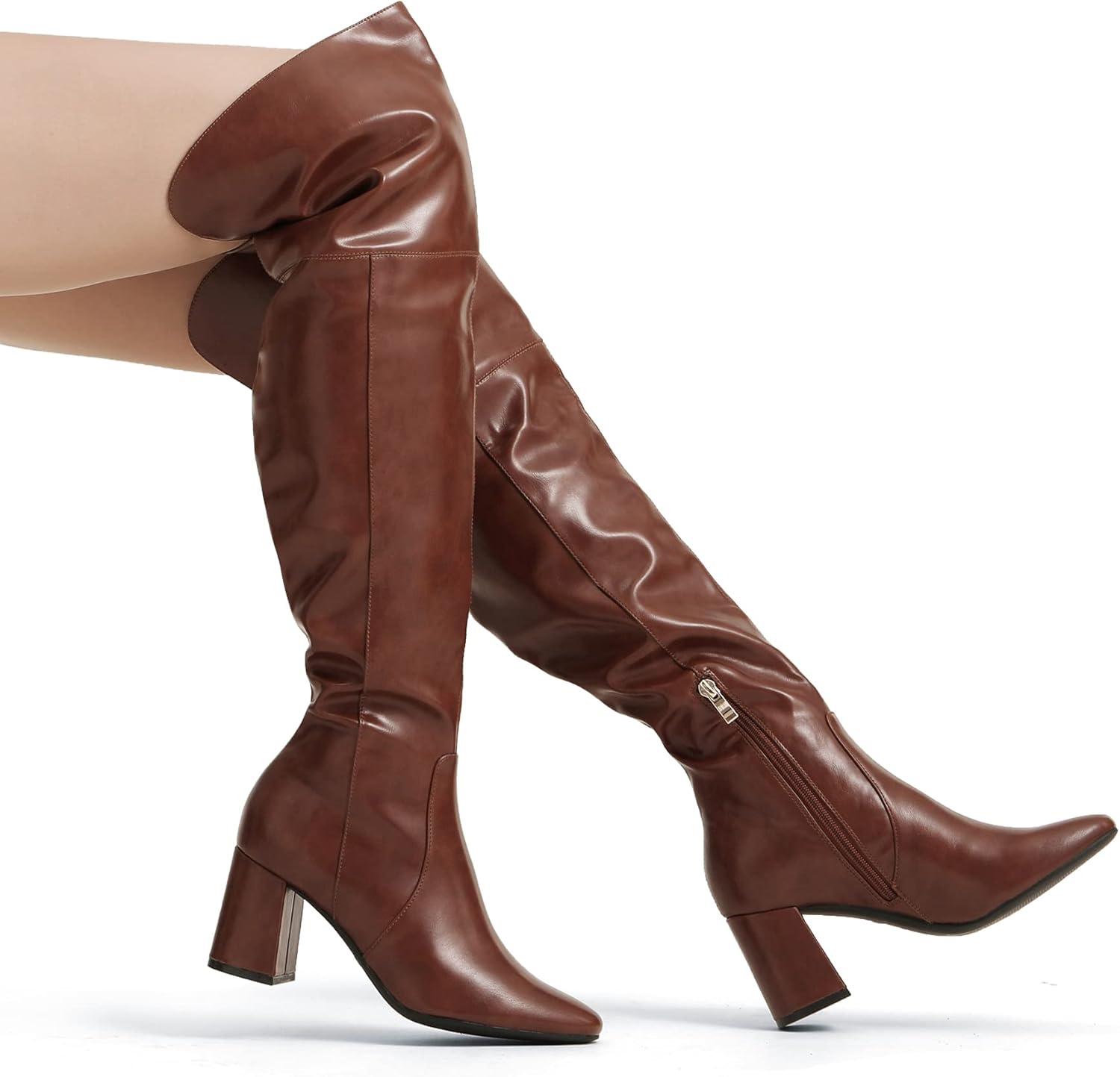 imageDREAM PAIRS Womens Thigh High Over the Knee Fashion Chunky Heel Long BootsBrownPu