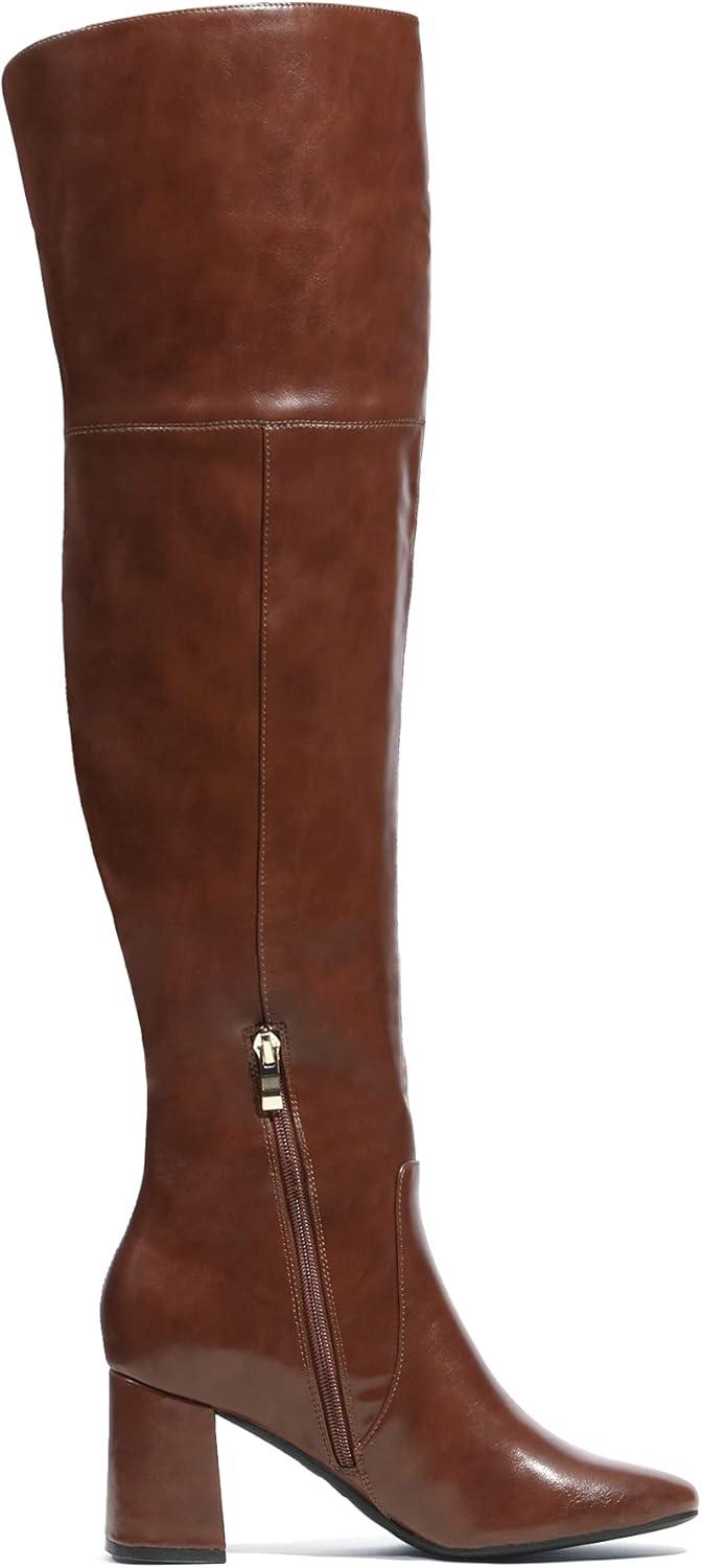 imageDREAM PAIRS Womens Thigh High Over the Knee Fashion Chunky Heel Long BootsBrownPu