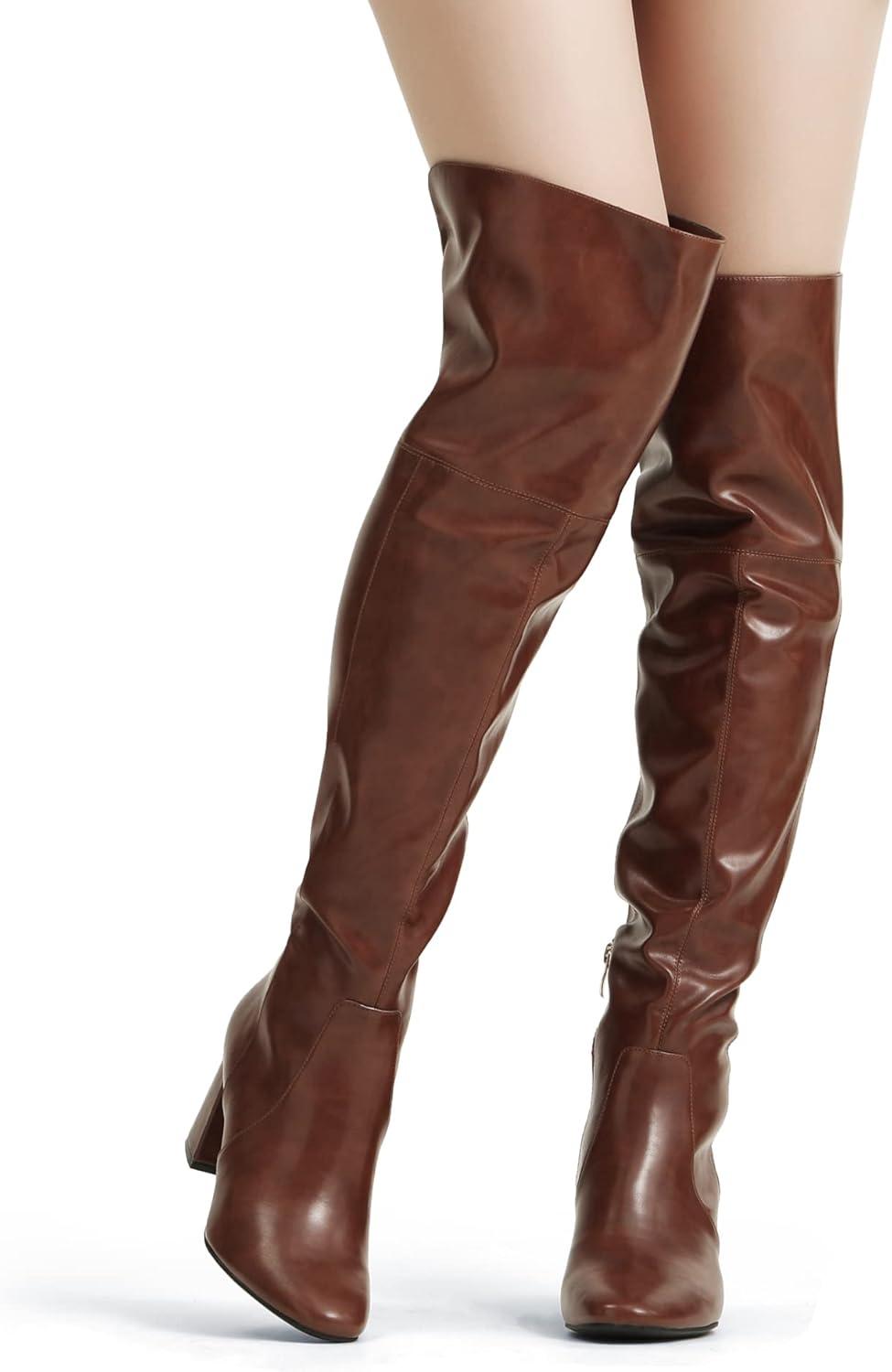imageDREAM PAIRS Womens Thigh High Over the Knee Fashion Chunky Heel Long BootsBrownPu