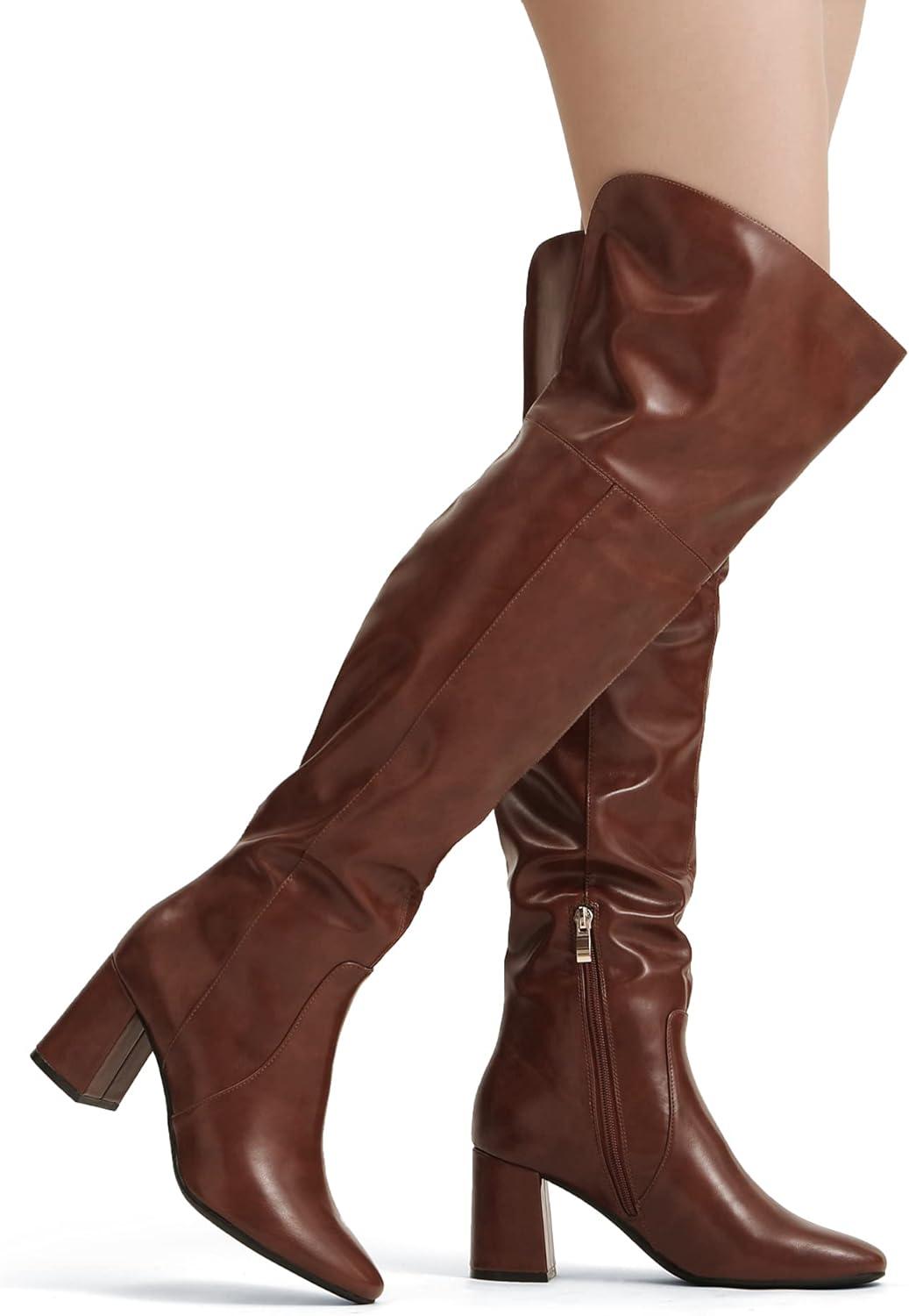 imageDREAM PAIRS Womens Thigh High Over the Knee Fashion Chunky Heel Long BootsBrownPu