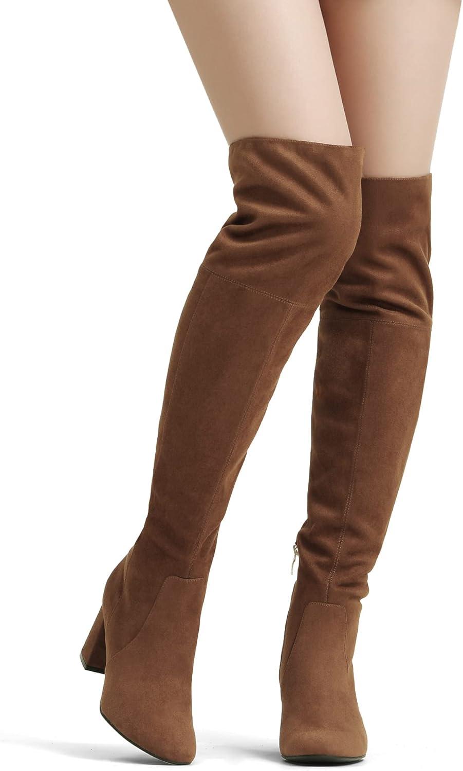 imageDREAM PAIRS Womens Thigh High Over the Knee Fashion Chunky Heel Long BootsBrownSuede