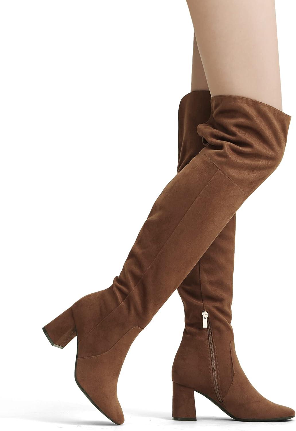 imageDREAM PAIRS Womens Thigh High Over the Knee Fashion Chunky Heel Long BootsBrownSuede