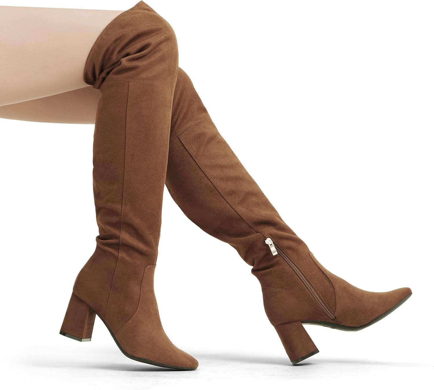 imageDREAM PAIRS Womens Thigh High Over the Knee Fashion Chunky Heel Long BootsBrownSuede