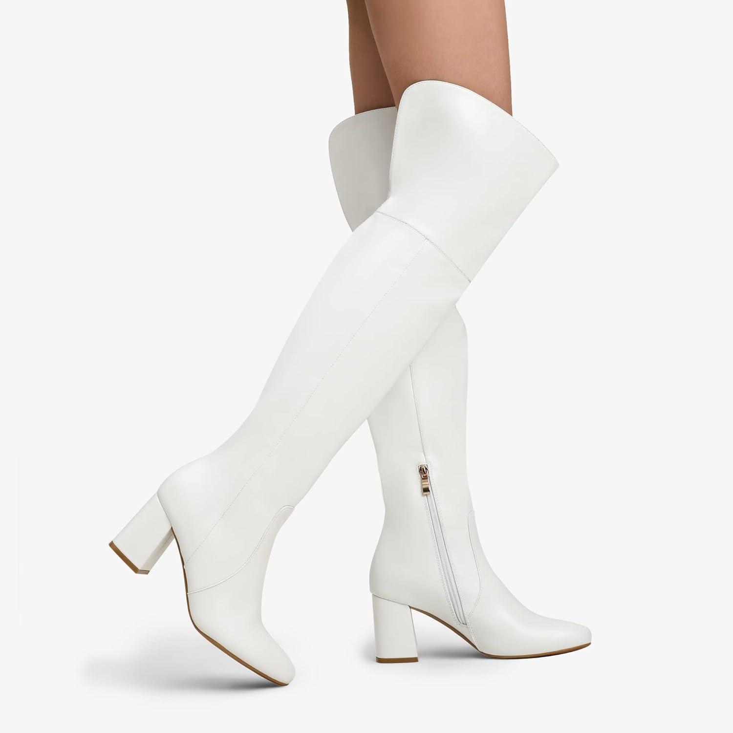 imageDREAM PAIRS Womens Thigh High Over the Knee Fashion Chunky Heel Long BootsWhitePu