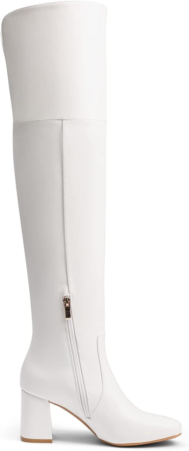 imageDREAM PAIRS Womens Thigh High Over the Knee Fashion Chunky Heel Long BootsWhitePu