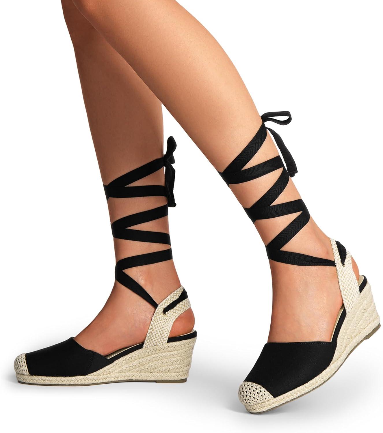 imageDREAM PAIRS Womens Wedge Sandals Platform Close Toe Espadrilles Strappy Lace Up Sandals Cute Fashion Comfortable Dressy Beach Vocation Summer ShoesBlackBeigecanvas