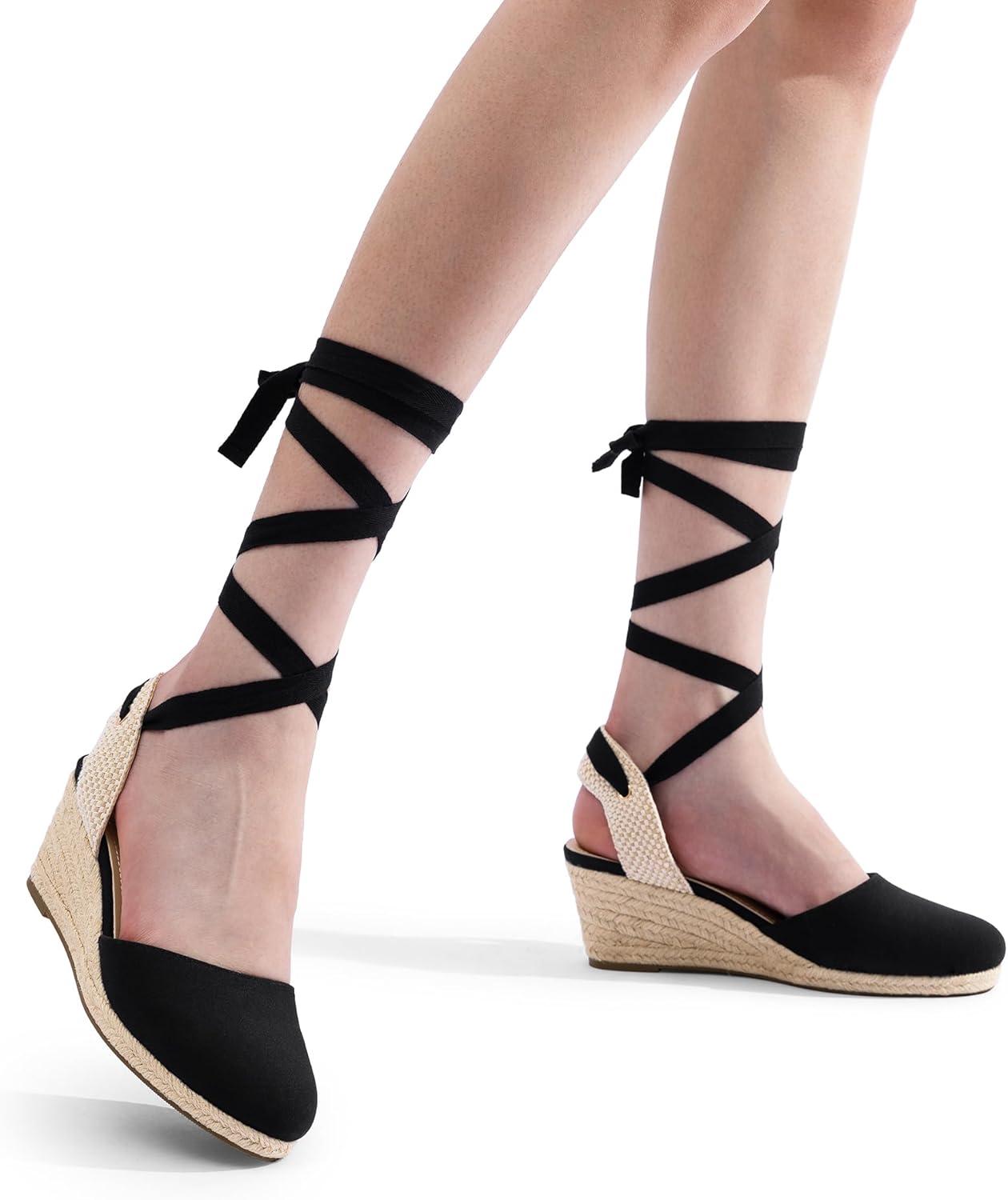 imageDREAM PAIRS Womens Wedge Sandals Platform Close Toe Espadrilles Strappy Lace Up Sandals Cute Fashion Comfortable Dressy Beach Vocation Summer ShoesBlackcanvas
