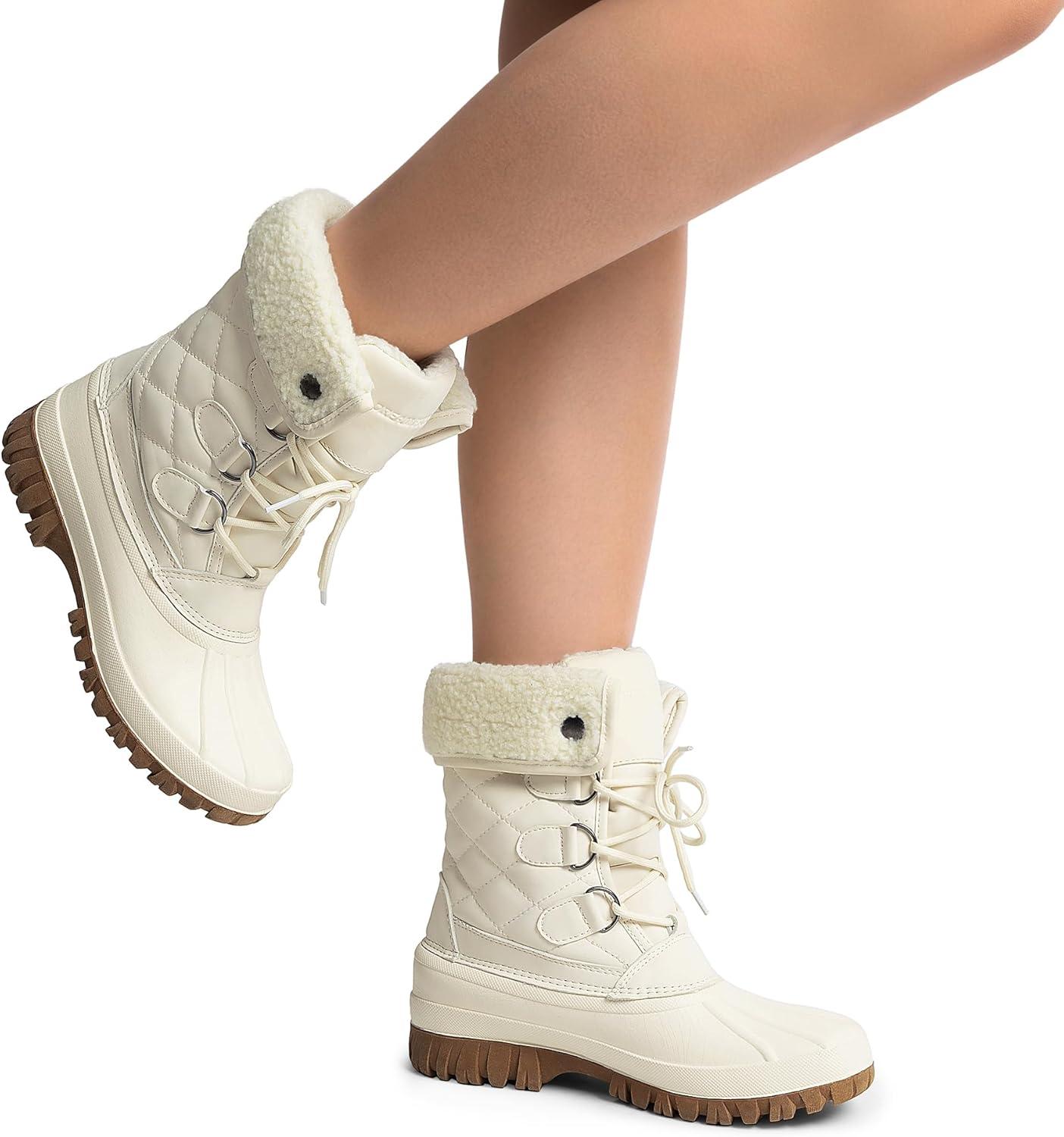 imageDREAM PAIRS Womens Winter Duck Boots Mid Calf Warm Insulated Faux Fur Lined Waterproof Lace Up Snow BootsBeige