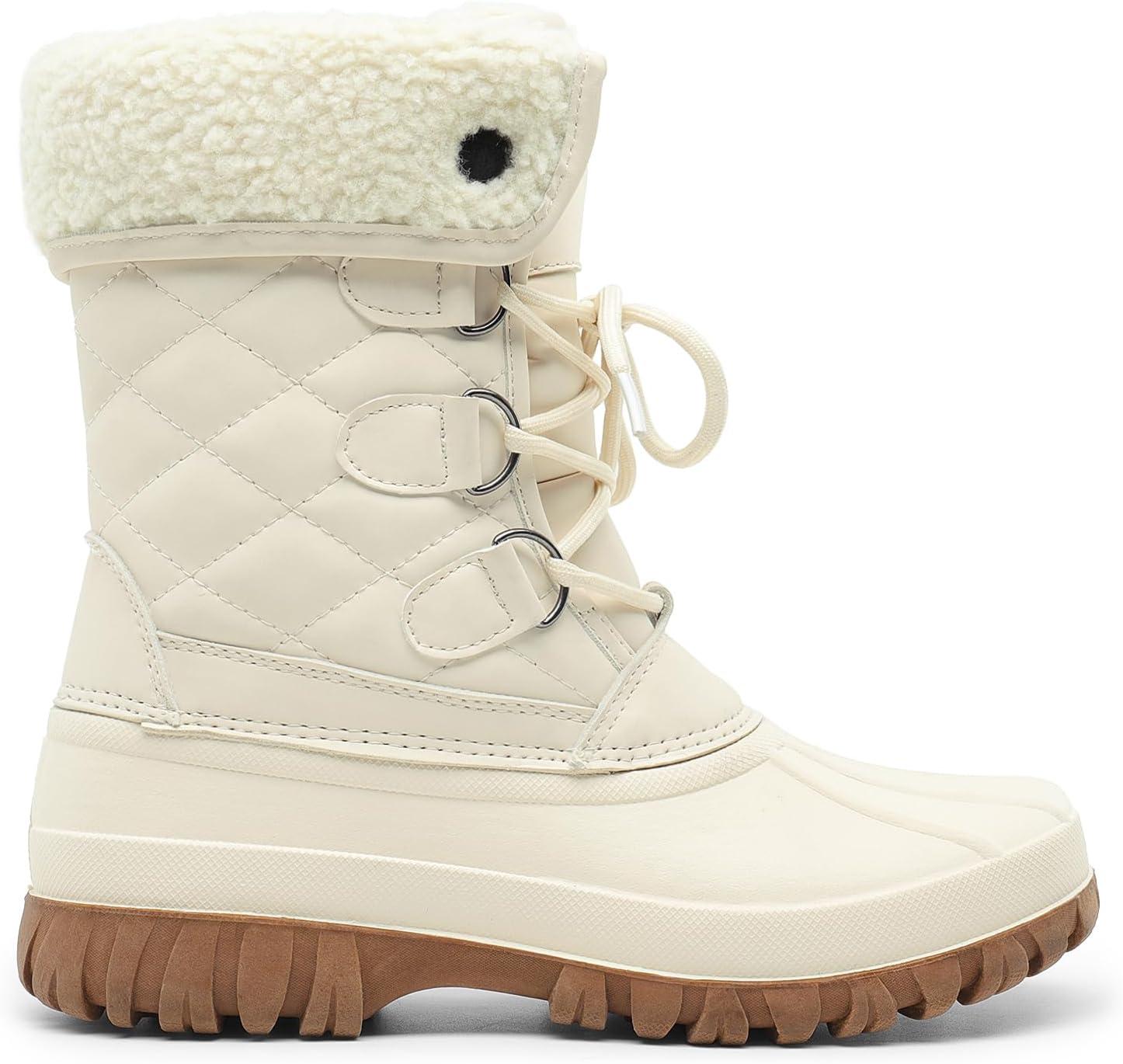 imageDREAM PAIRS Womens Winter Duck Boots Mid Calf Warm Insulated Faux Fur Lined Waterproof Lace Up Snow BootsBeige