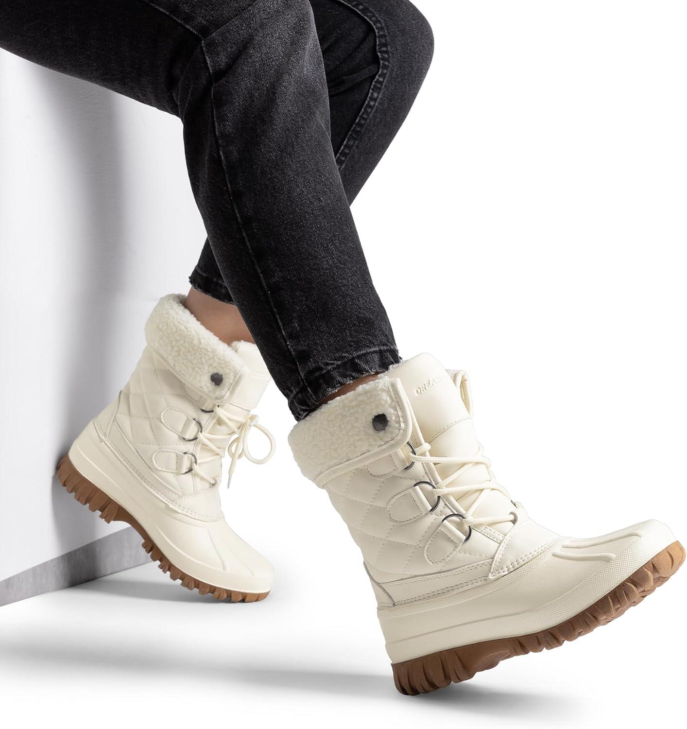 imageDREAM PAIRS Womens Winter Duck Boots Mid Calf Warm Insulated Faux Fur Lined Waterproof Lace Up Snow BootsBeige