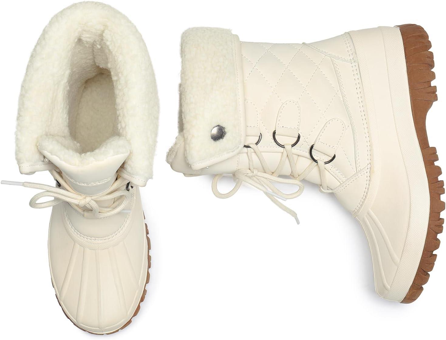 imageDREAM PAIRS Womens Winter Duck Boots Mid Calf Warm Insulated Faux Fur Lined Waterproof Lace Up Snow BootsBeige