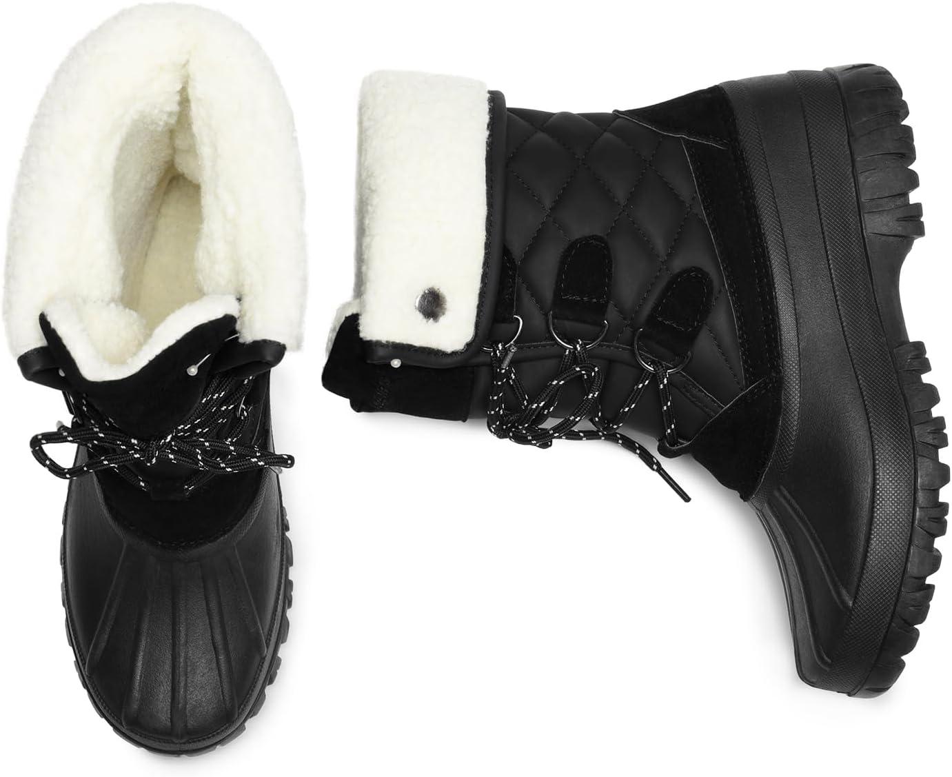 imageDREAM PAIRS Womens Winter Duck Boots Mid Calf Warm Insulated Faux Fur Lined Waterproof Lace Up Snow BootsBlack