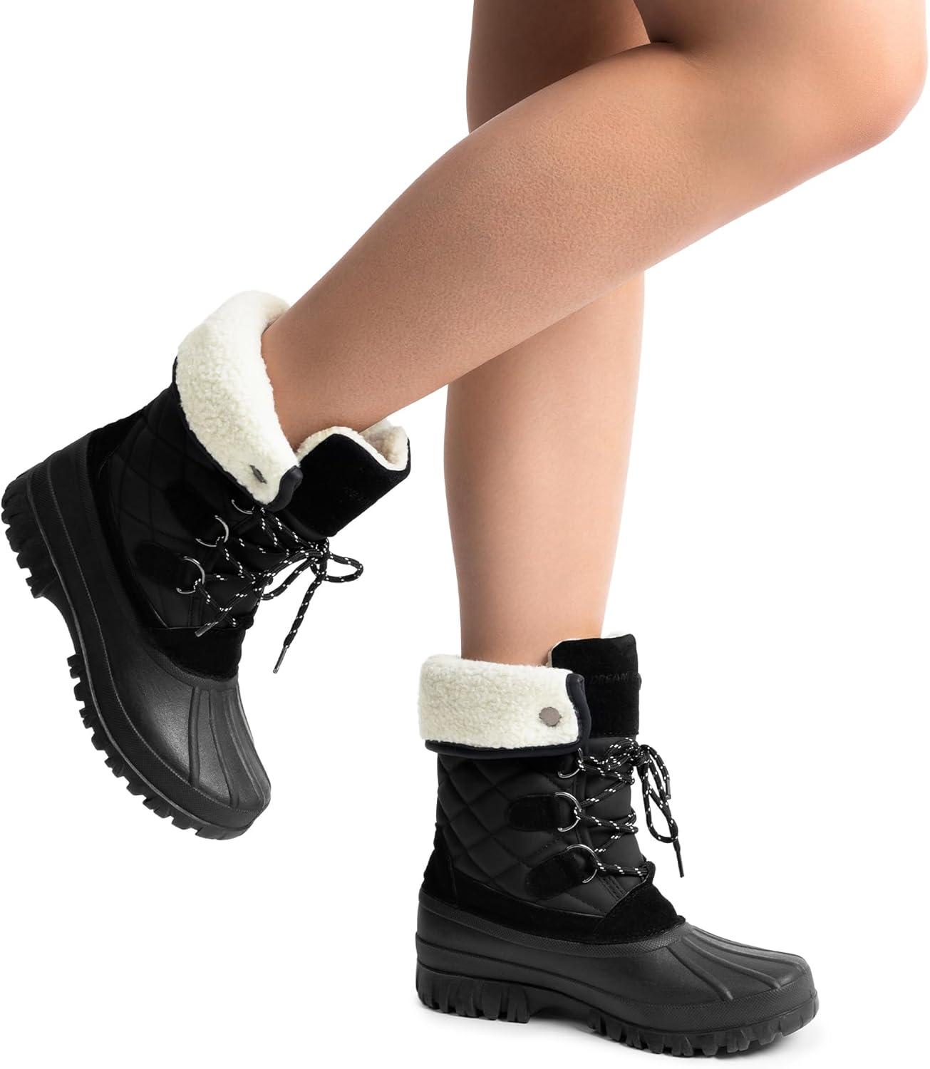 imageDREAM PAIRS Womens Winter Duck Boots Mid Calf Warm Insulated Faux Fur Lined Waterproof Lace Up Snow BootsBlack