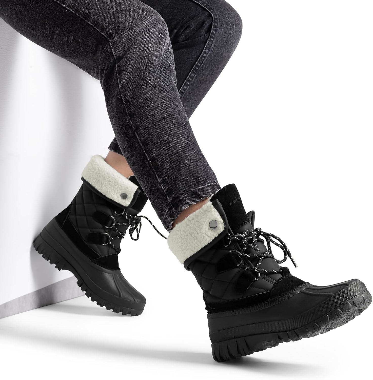 imageDREAM PAIRS Womens Winter Duck Boots Mid Calf Warm Insulated Faux Fur Lined Waterproof Lace Up Snow BootsBlack