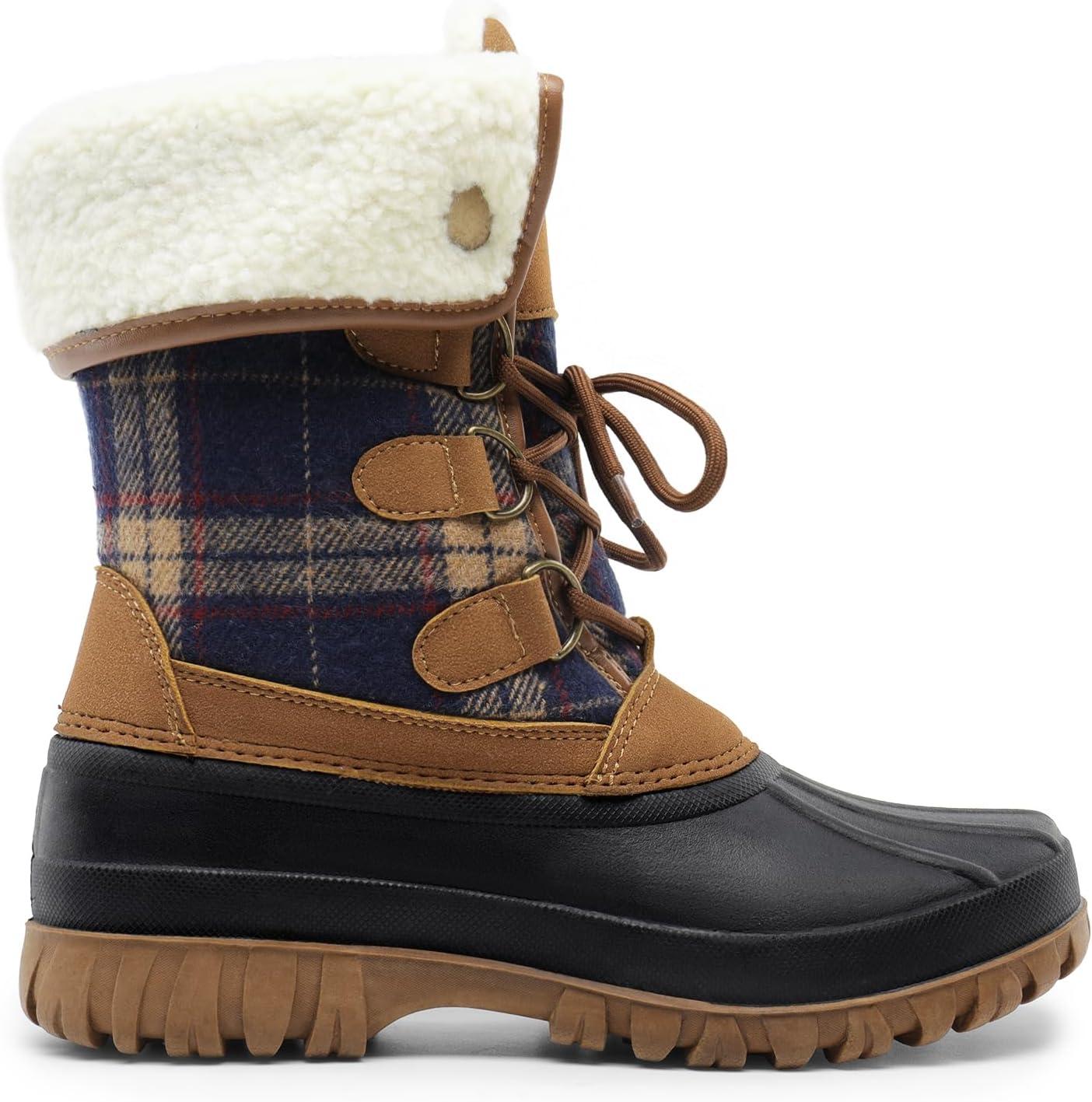 imageDREAM PAIRS Womens Winter Duck Boots Mid Calf Warm Insulated Faux Fur Lined Waterproof Lace Up Snow BootsTan