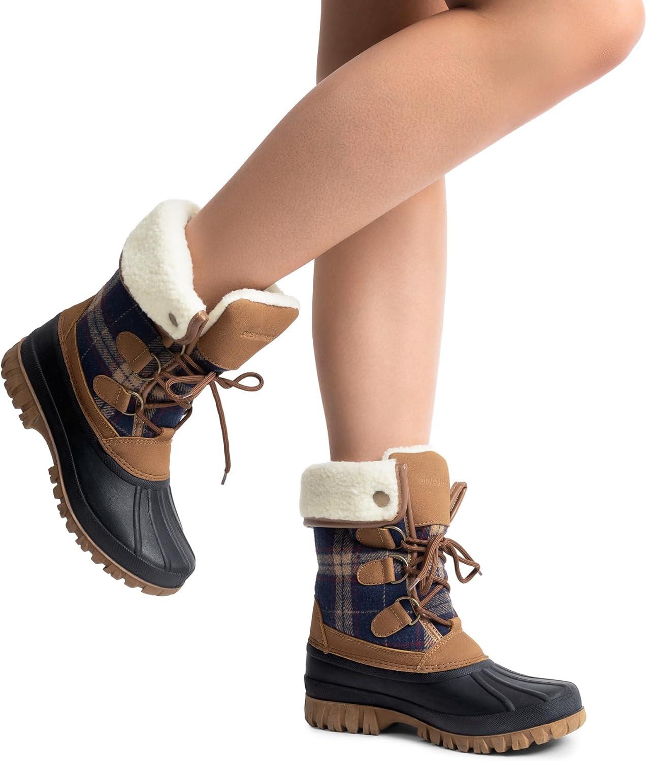 imageDREAM PAIRS Womens Winter Duck Boots Mid Calf Warm Insulated Faux Fur Lined Waterproof Lace Up Snow BootsTan