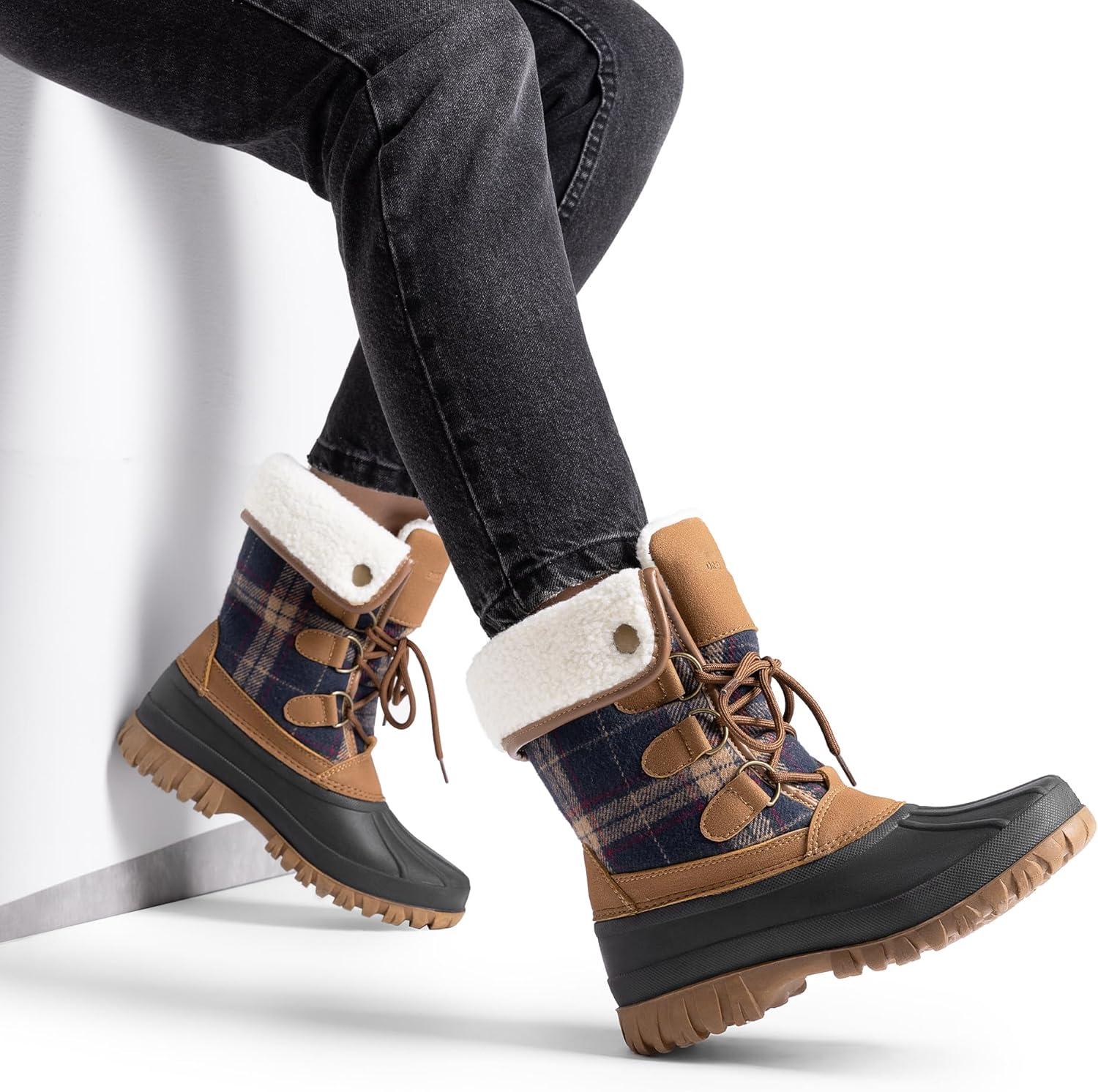 imageDREAM PAIRS Womens Winter Duck Boots Mid Calf Warm Insulated Faux Fur Lined Waterproof Lace Up Snow BootsTan