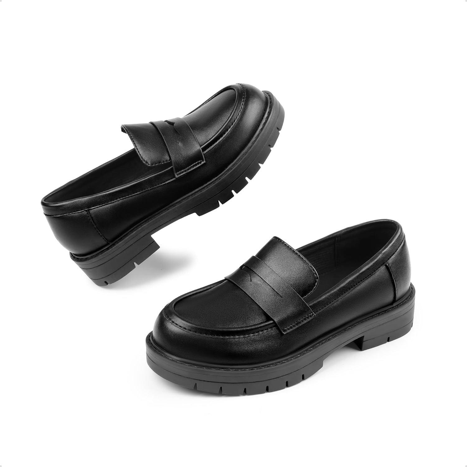 imageDream Pairs Girls Loafers Chunky Platform Penny Loafers School Uniform Slip On Dress ShoesBlack