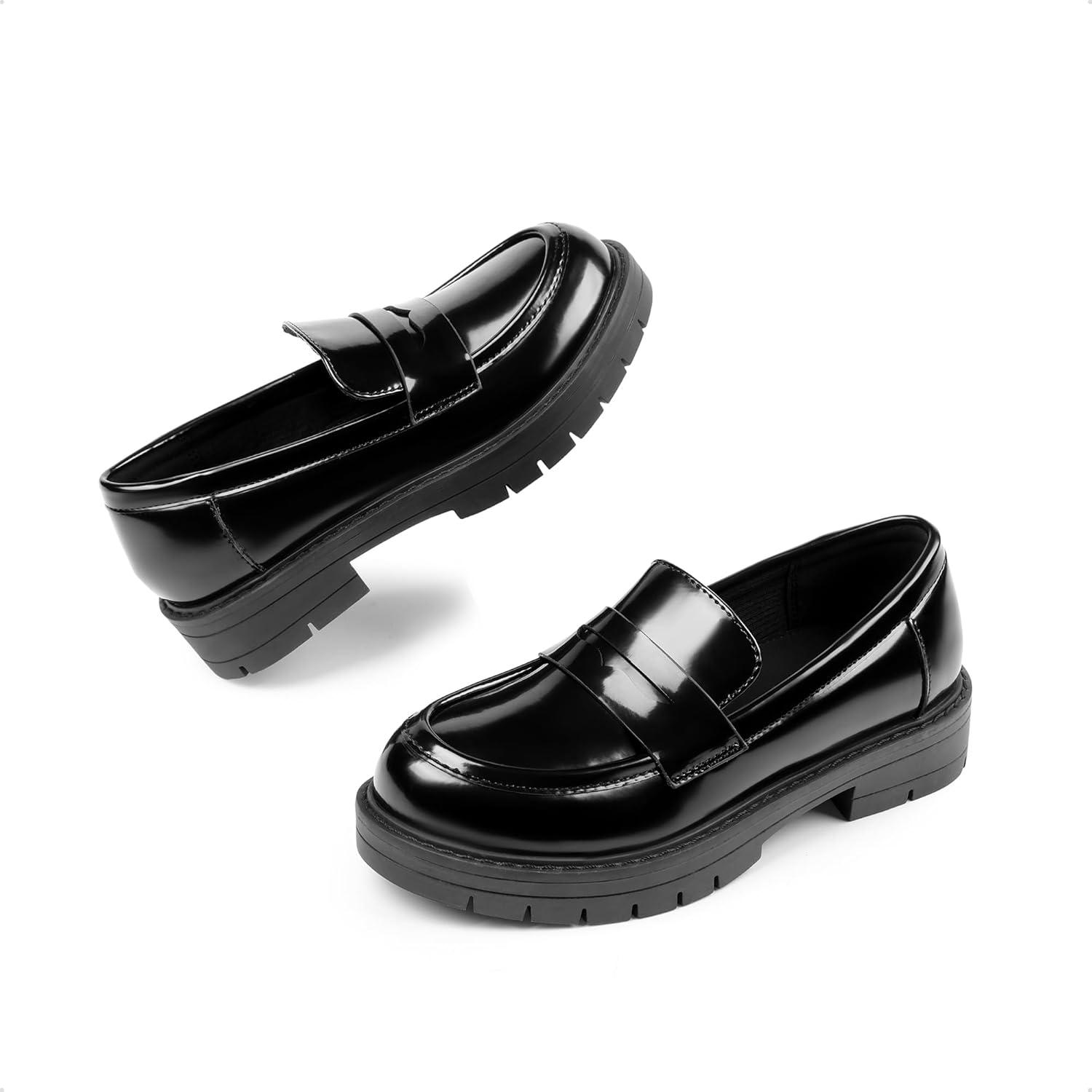 imageDream Pairs Girls Loafers Chunky Platform Penny Loafers School Uniform Slip On Dress ShoesBlackpatent