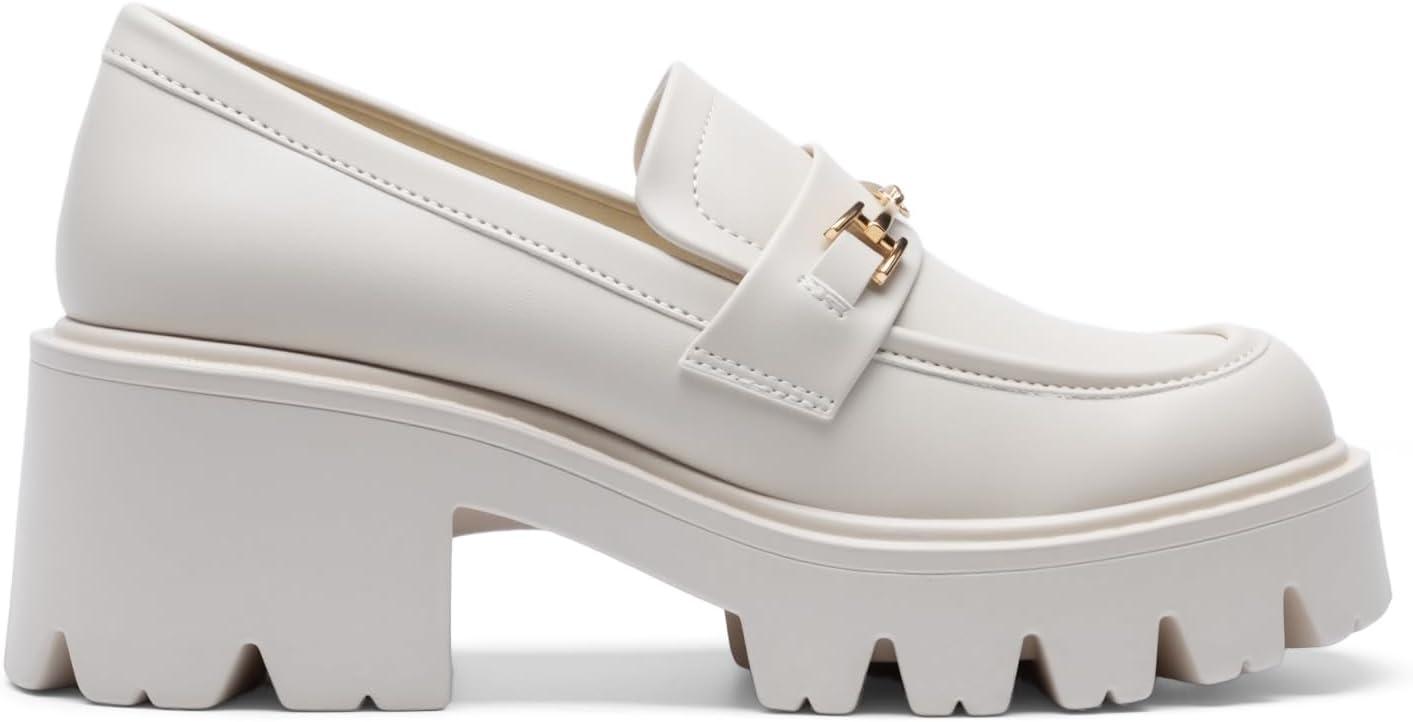 imageWomen Loafers Platform Chunky Heel Slip On Lug Sole Casual Dressy Office Business ShoesBeige