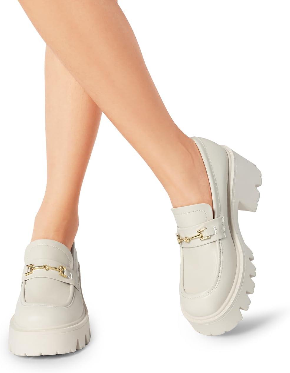 imageWomen Loafers Platform Chunky Heel Slip On Lug Sole Casual Dressy Office Business ShoesBeige