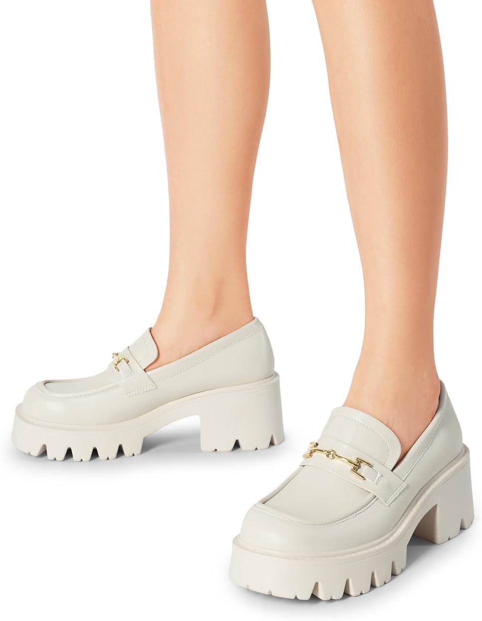 imageWomen Loafers Platform Chunky Heel Slip On Lug Sole Casual Dressy Office Business ShoesBeige