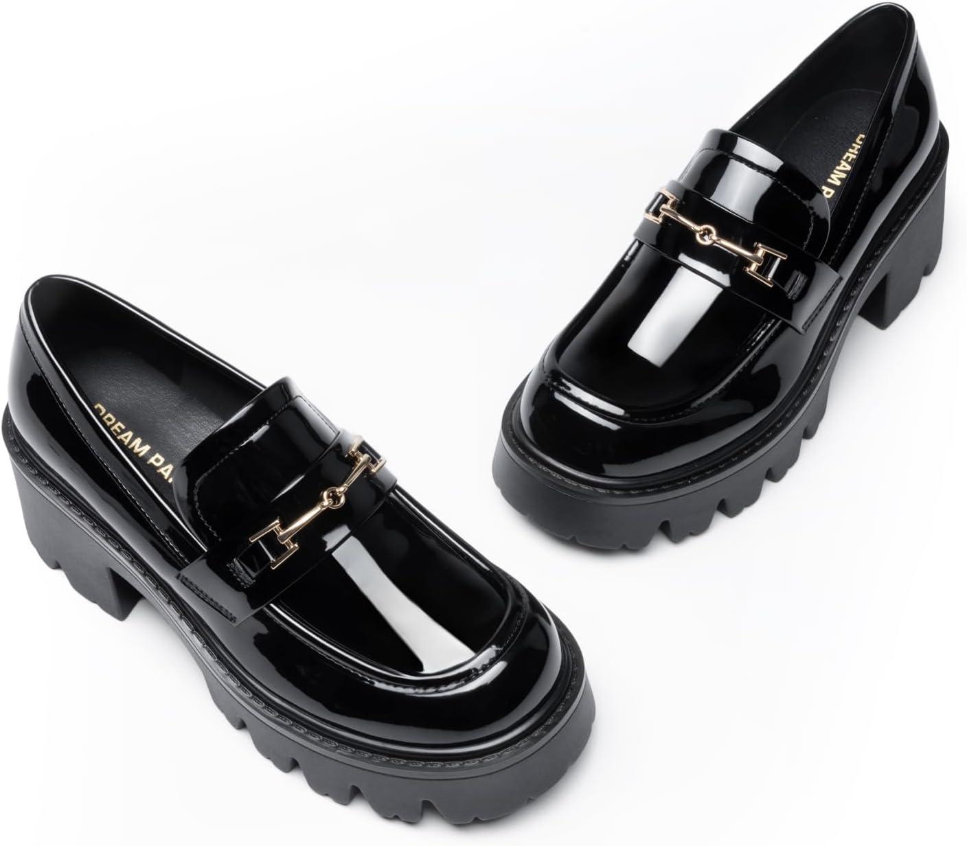 imageWomen Loafers Platform Chunky Heel Slip On Lug Sole Casual Dressy Office Business ShoesBlackpat