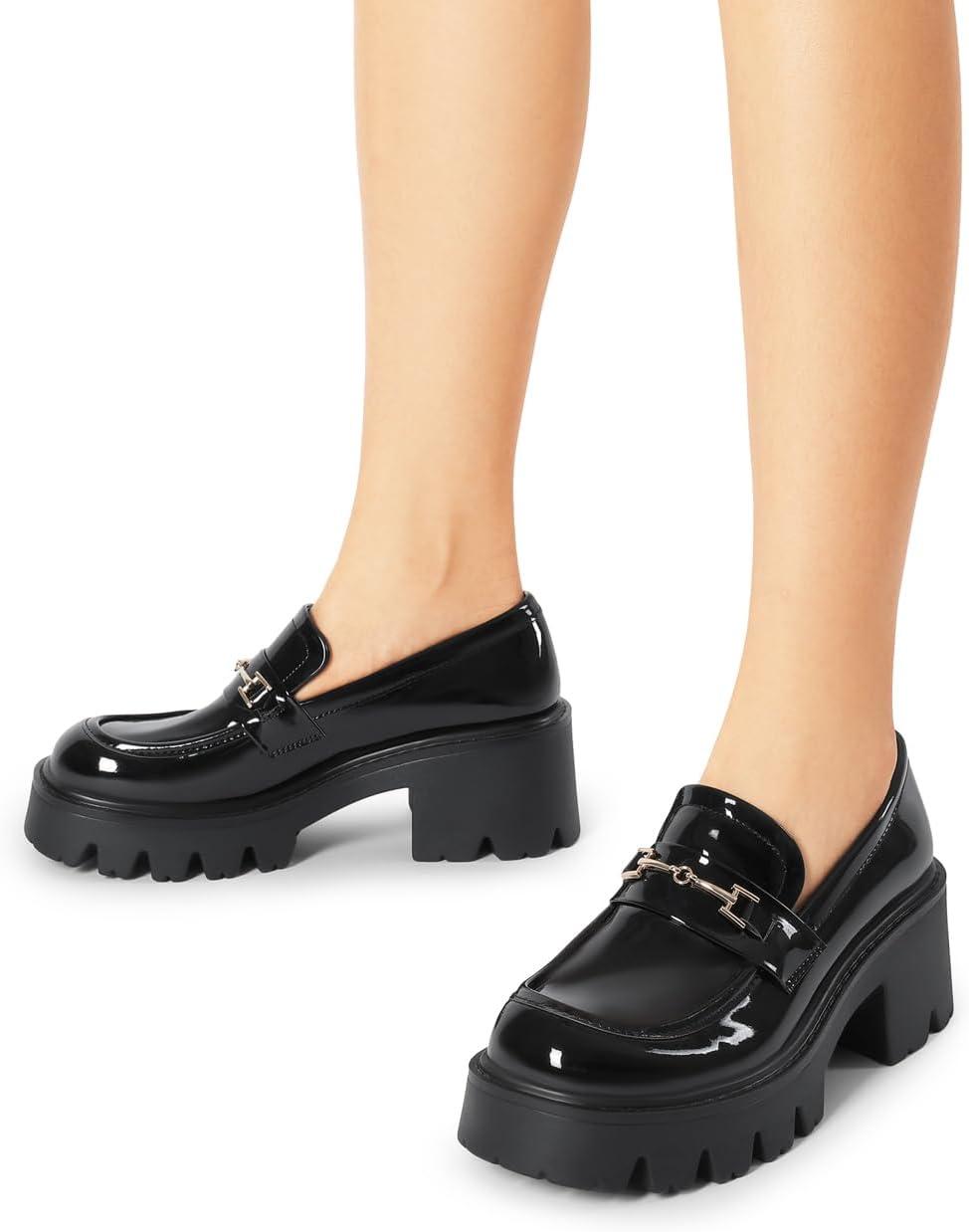 imageWomen Loafers Platform Chunky Heel Slip On Lug Sole Casual Dressy Office Business ShoesBlackpat