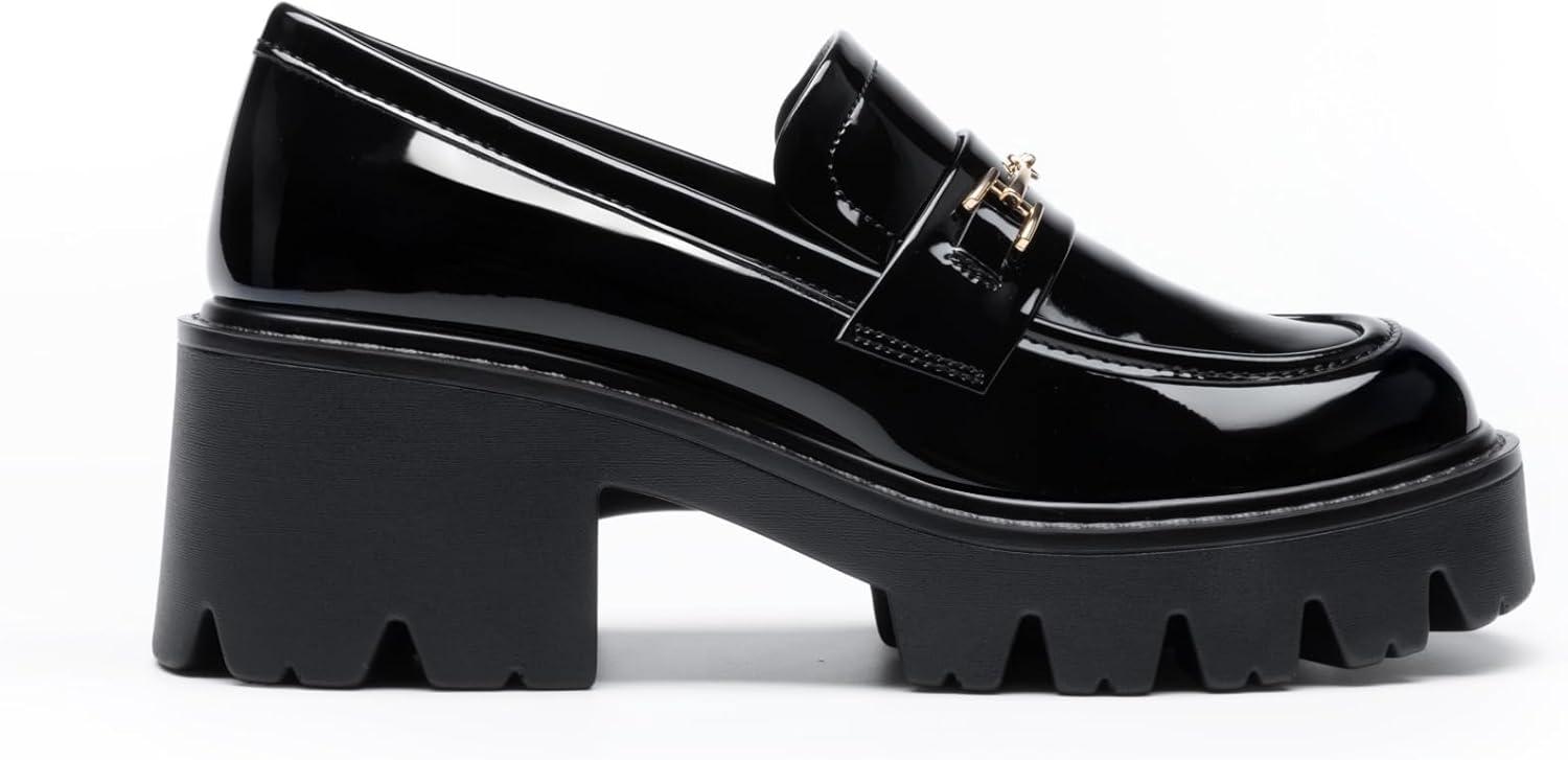 imageWomen Loafers Platform Chunky Heel Slip On Lug Sole Casual Dressy Office Business ShoesBlackpat