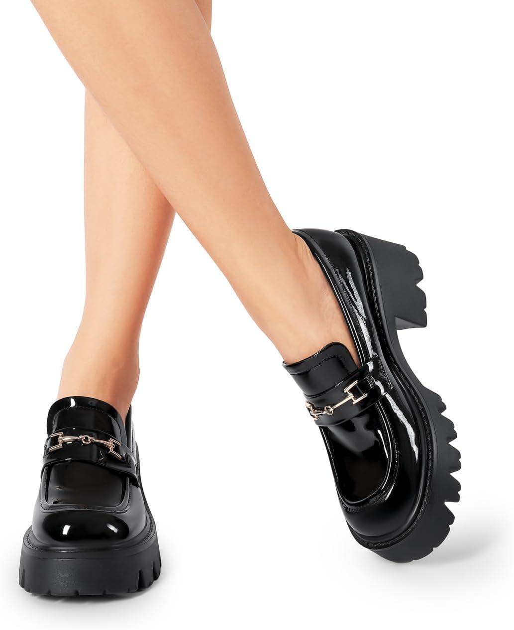 imageWomen Loafers Platform Chunky Heel Slip On Lug Sole Casual Dressy Office Business ShoesBlackpat