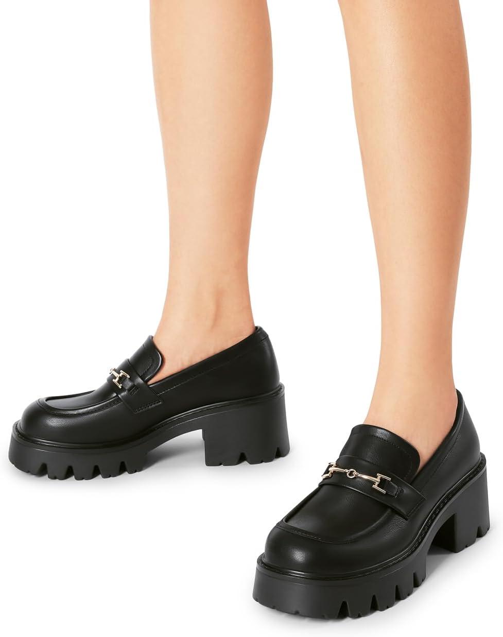 imageWomen Loafers Platform Chunky Heel Slip On Lug Sole Casual Dressy Office Business ShoesBlackpu